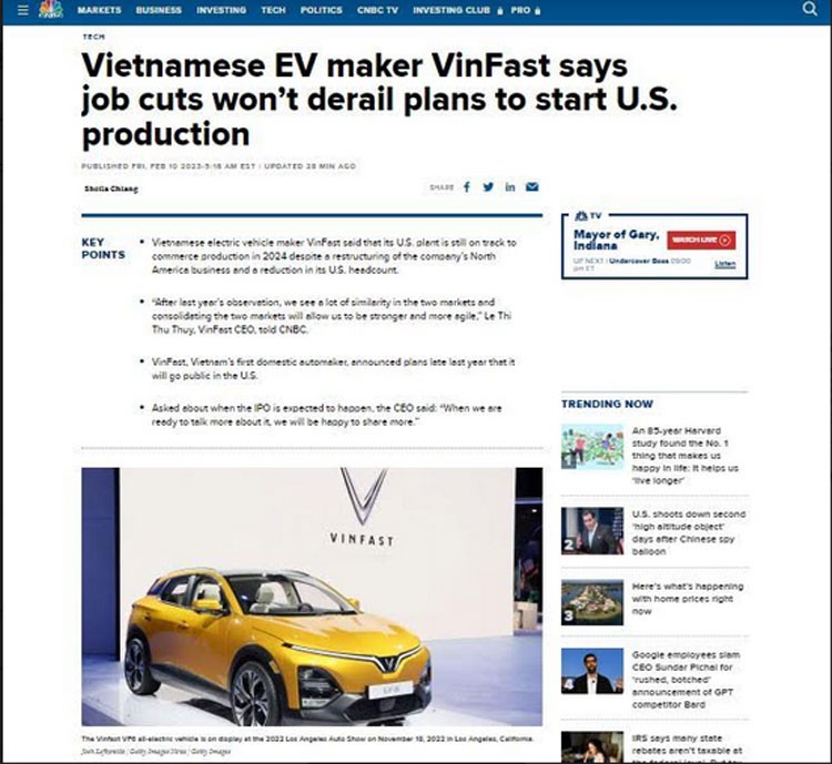 CNBC: VinFast sản xuất xe điện tại Mỹ từ năm 2024