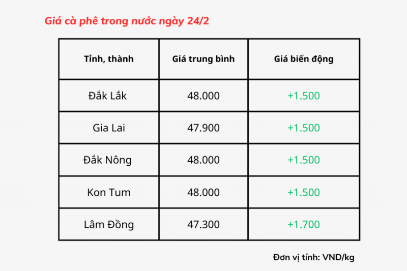 Giá cà phê hôm nay, 24/2: Giá cà phê trong nước chạm mốc 48.000 đồng/kg