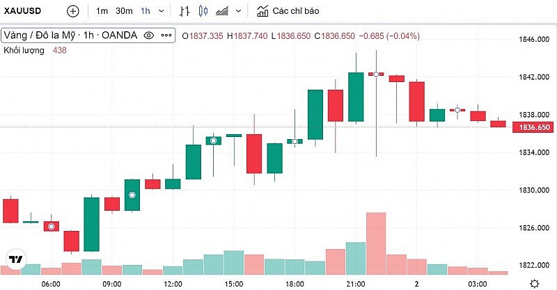 Chú thích: Biểu đồ biến động giá vàng trong 24 giờ qua