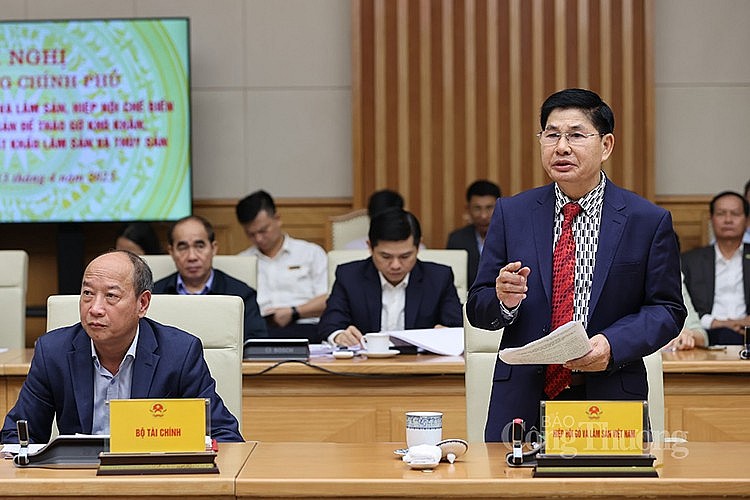 Ông Đỗ Xuân Lập - Chủ tịch Hiệp hội Gỗ và Lâm sản Việt Nam phát biểu tại Hội nghị tháo gỡ khó khăn, thúc đẩy sản xuất, xuất khẩu lâm sản, thủy sản