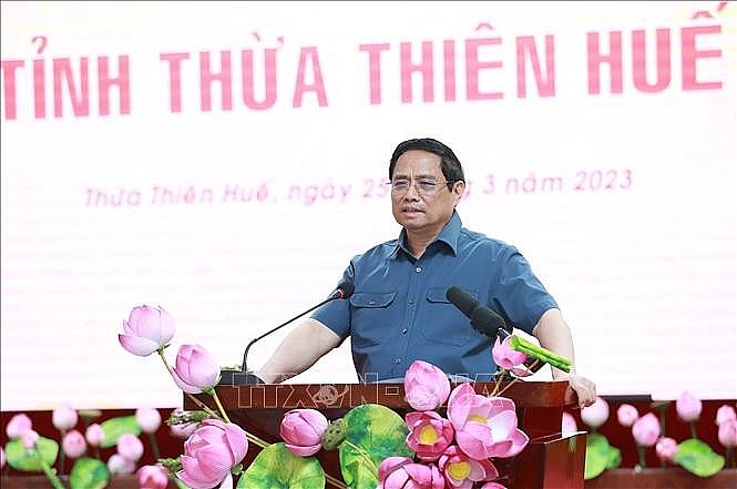 Thủ tướng Phạm Minh Chính làm việc với lãnh đạo chủ chốt tỉnh Thừa Thiên - Huế ngày 25/3/2023. Ảnh: Dương Giang/TTXVN