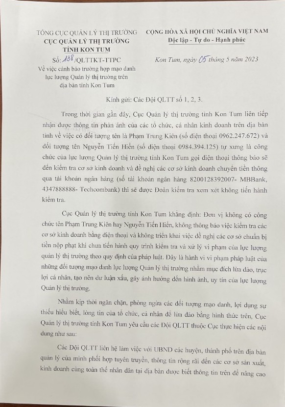 Kon Tum: Đề nghị Công an điều tra đối tượng giả mạo Quản lý thị trường để trục lợi