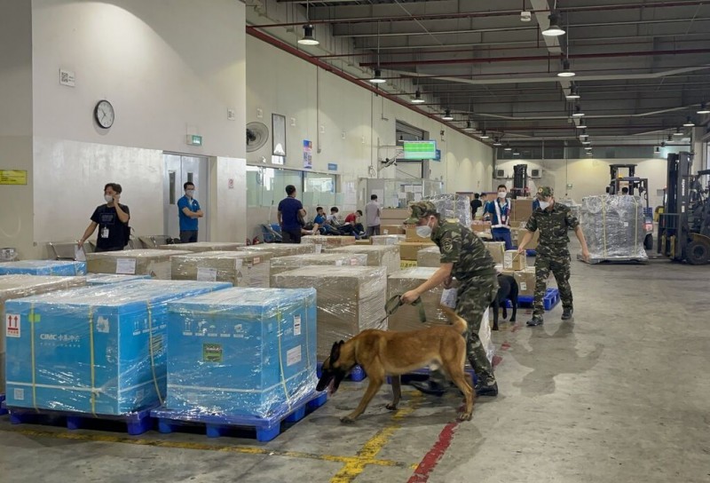 Lực lượng chức năng sử dụng chó nghiệp vụ kiểm tra hàng hoá tại Kho hàng không ở Nội Bài