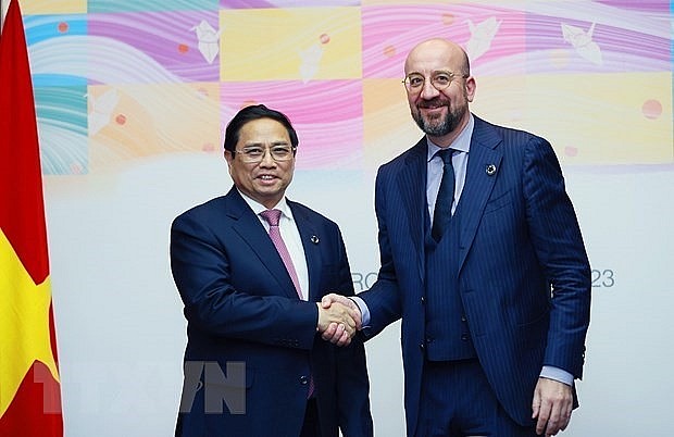 Thủ tướng Chính phủ Phạm Minh Chính đã có cuộc gặp với Chủ tịch Hội đồng châu Âu Charles Michel. Ảnh: TTXVN