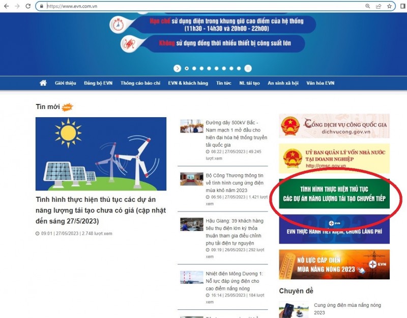 ập đoàn Điện lực Việt Nam (EVN) đã đăng tải công khai và cập nhật thường xuyên thông tin tình hình thủ tục thực hiện các dự án năng lượng tái tạo chuyển tiếp trên trang thông tin điện tử của Tập đoàn